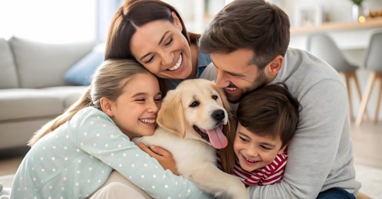 Woongenot; vrolijk gezin met hond wat elkaar knuffelt in een huis